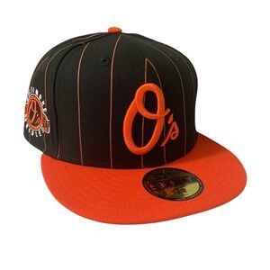 New Era Baltimore Orioles 59FIFTY Orange Pinstripe Black Fitted Hat Size 7 1/4
